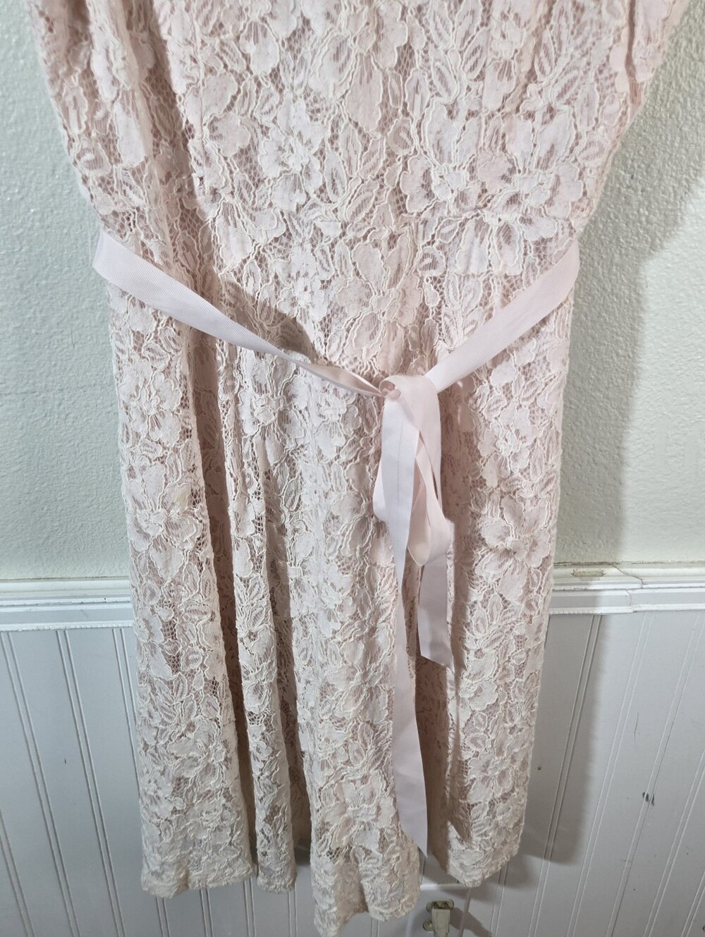 Lane Bryant Womens 14 Pink Lace Dress Sleeveless Midi Fit Flare Ribbon Belt - Picture 8 of 13